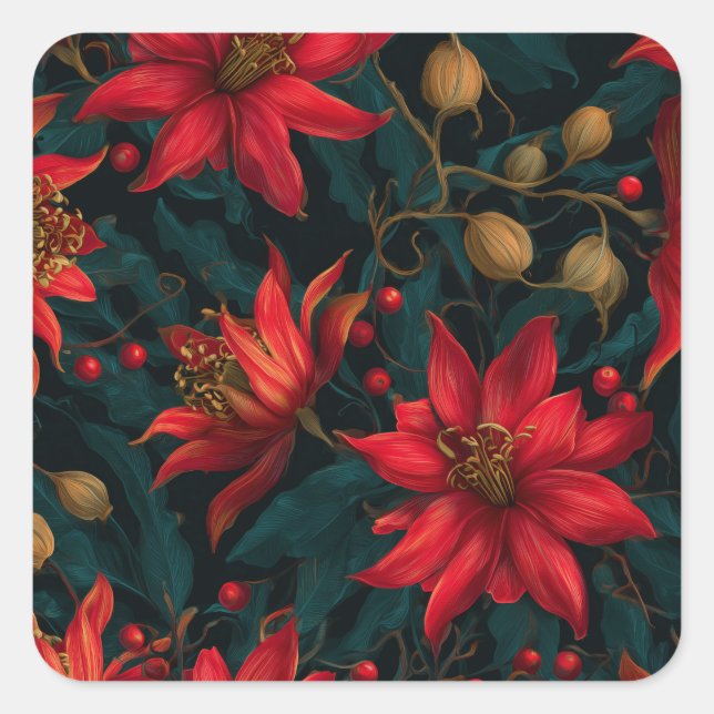 Dunkles rotes Weihnachtsblumenmuster Quadratischer Aufkleber (Vorderseite)