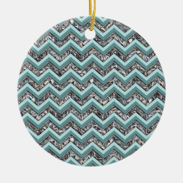 Dunkles Schneidglas und Aquamariner Zigzag Keramik Ornament (Vorne)