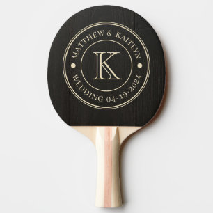 Dunkles Schwarzes Holz Hochzeitsmonogramm Tischtennis Schläger