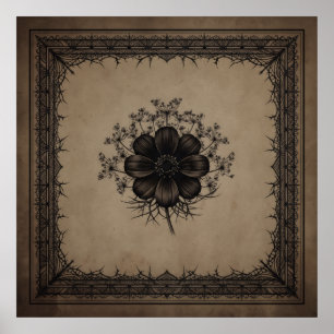 Dunkles Sepia-Blumen-Dornrahmen-Poster Poster