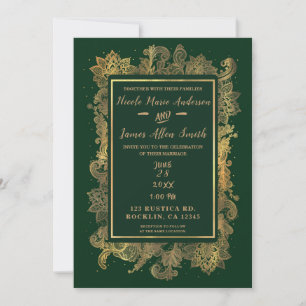 Dunkles Smaragdgrün und Gold Elegante Florale Hoch Einladung