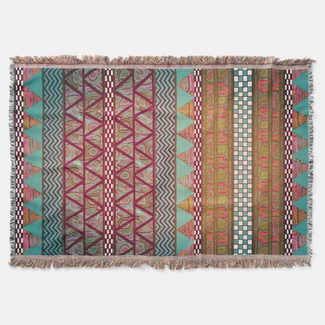 Dunkles Teal-Bernstein-Boho-Stammes-Streifenmuster Decke (Vorderseite)