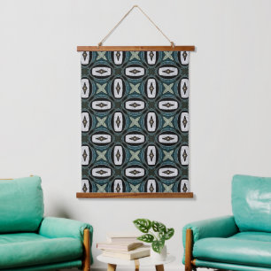 Dunkles Teal Blau Grau Grün Weiß Stammeskunst Wandteppich Mit Holzrahmen