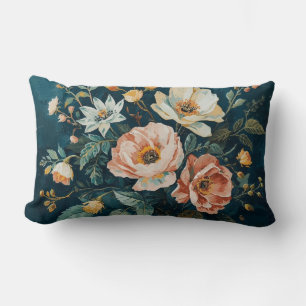 Dunkles Teal Blau Orange Vintage Cottagecore Flora Lendenkissen