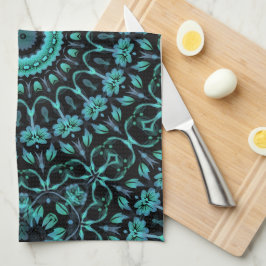 Dunkles Teal-Blumen-Noir-Mandala Geschirrtuch