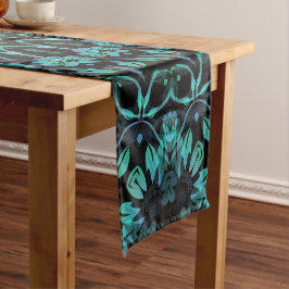 Dunkles Teal-Blumen-Noir-Mandala Kurzer Tischläufer