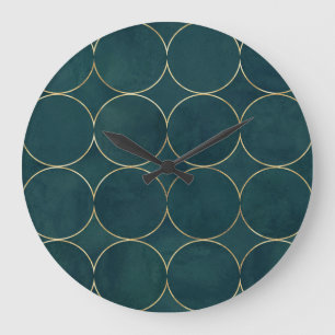 Dunkles Teal, goldene Kreise Wasserfarbe. Große Wanduhr