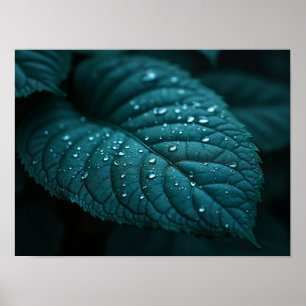 Dunkles Teal-Makroblatt mit Regentropfen Poster