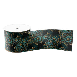 Dunkles Teal und Antik-Gold Luxus-Blumenmuster Ripsband