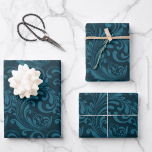 Dunkles Türkis-Blumendamaskus-Muster Geschenkpapier Set