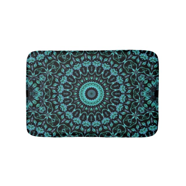 Dunkles Türkis Florales Mandala Badematte (Vorderseite)