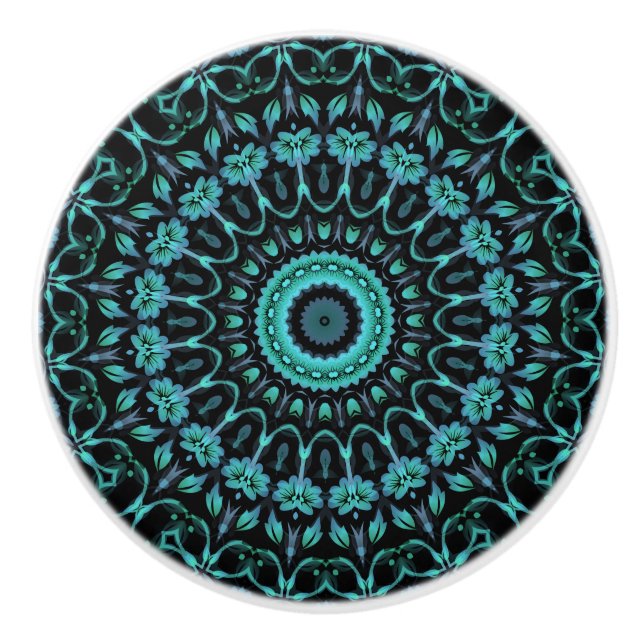Dunkles Türkis Florales Mandala Keramikknauf (Vorderseite)