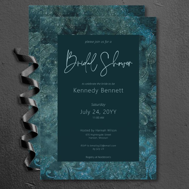 Dunkles Viktorianisches Aquamarines Damaskus-Braut Einladung (Dark Victorian Teal Damask Bridal Shower Invitation)