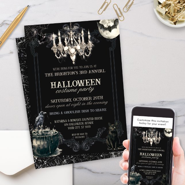 Dunkles Vintag Gothic Skull Halloween-Party Einladung (persoanlized gothic halloween party invitation for costume party annual halloween party for adults)