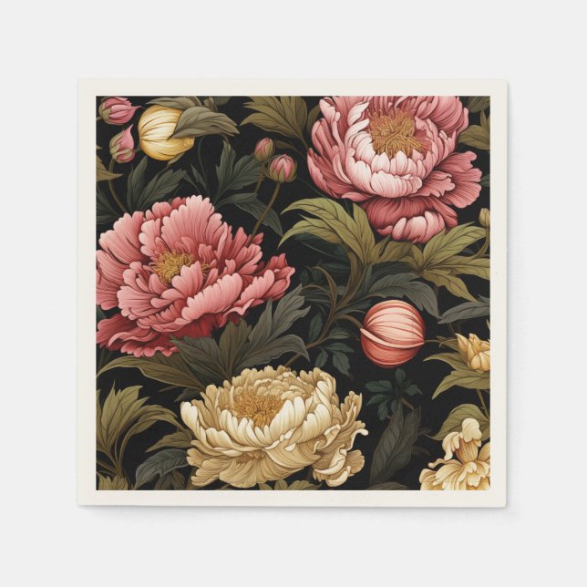 Dunkles Vintages Peony Floral Gemustert Paper Serviette (Vorderseite)