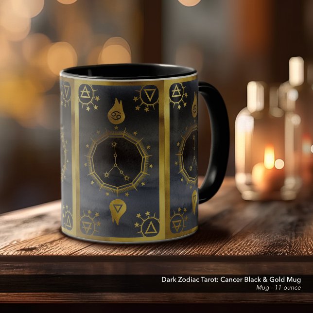 Dunkles Zodiac-Tarot: Krebsschwarz und -Gold Tasse (Dark Zodiac, Tarot, and Alchemy Mug: Cancer in Black & Gold)