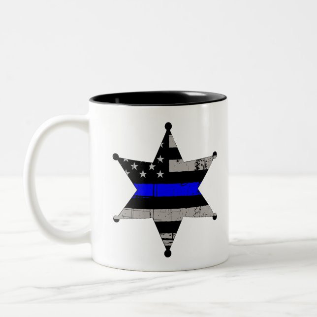 Dünne blaue Linie Polizei-Sheriff-Abzeichen Zweifarbige Tasse (Links)