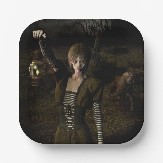 Dünne Frau trägt Lampe Pappteller (Vorderseite)