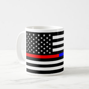dünne Linie Polizeifeuerwehrmannsymbol USA des Kaffeetasse