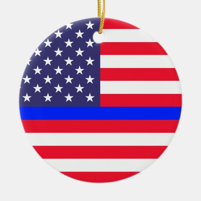 "DÜNNES BLUE LINE AUF AMERIKANISCHER FLAGGE " KERAMIK ORNAMENT (Vorne)