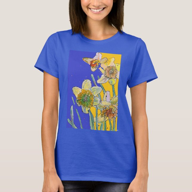 Dünngelbe blaue Blume Blume Wasserfarbe T-S T-Shirt (Vorderseite)