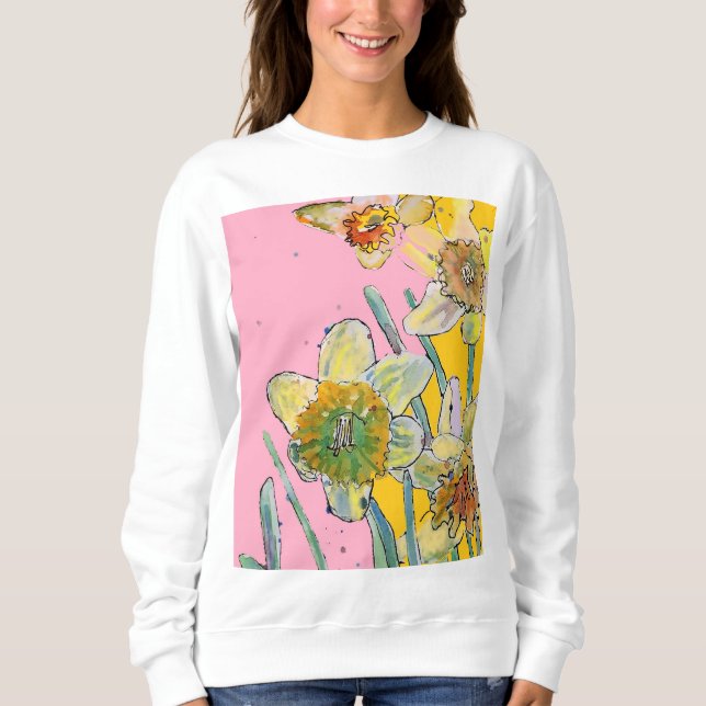 Dünngelbe Daffodien Blumenkohl Aquarell Blume Sweatshirt (Vorderseite)
