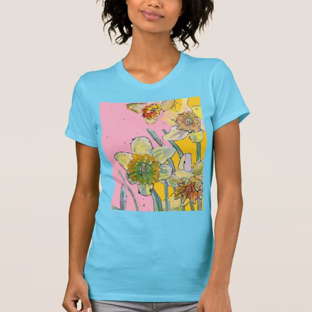 Dünngelbe Daffodien Blumenkohl Aquarell Blume T-Shirt (Vorderseite)