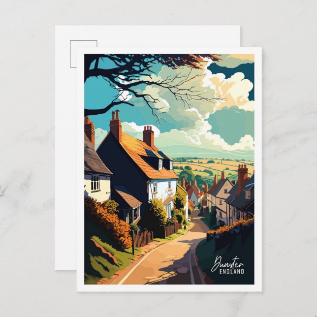 Dunster England Art Vintage Reise Illustration Postkarte (Vorne/Hinten)