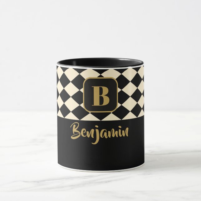 Duo Geo Black & Ivory Cream Individuellen Namen Tasse (Zentrum)