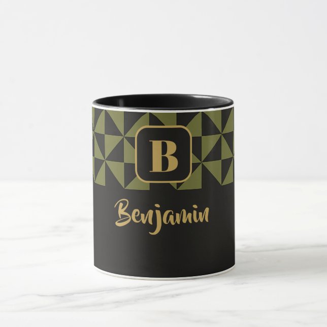 Duo Geo Black & Olive Moss Individuellen Namen Tasse (Zentrum)