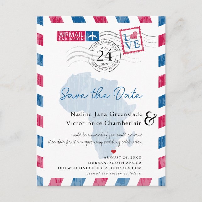Durban South Africa Airmail Wedding Save the Date Ankündigungspostkarte (Vorderseite)