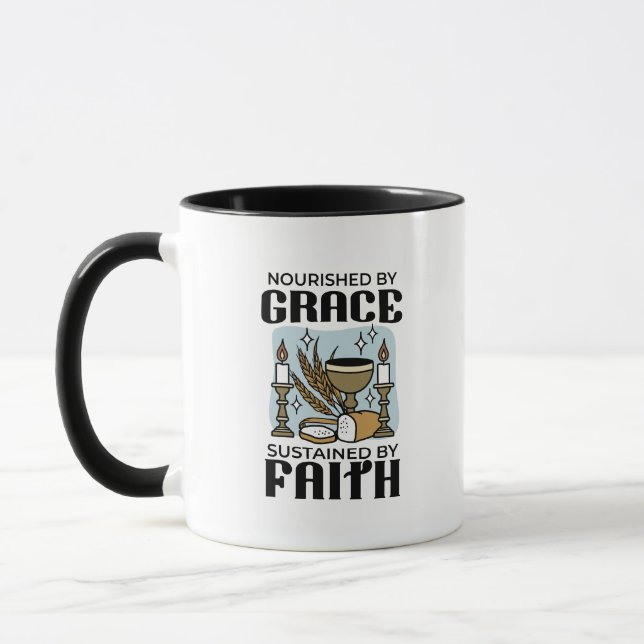 Durch Gnade genährt, durch Glauben getragen Design Tasse (Links)