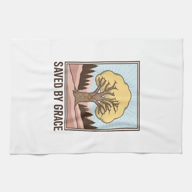 Durch Gnade gerettet, Christlicher Baum, Vintage-S Geschirrtuch (Horizontal)