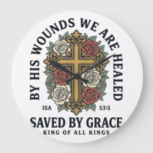 Durch Gnade Gerettet Christliches Kreuz Florales H Große Wanduhr