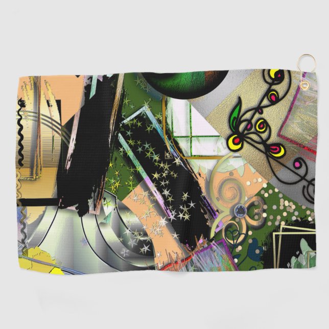 Durcheinander von Designobjekten und Symbolen mit  Golfhandtuch (Horizontal)