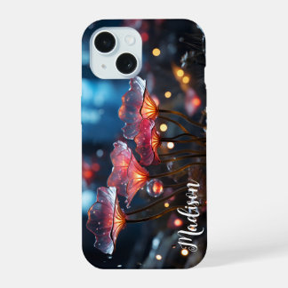 Durchscheinende orange fluoreszierende Blumen - iPhone 15 Hülle