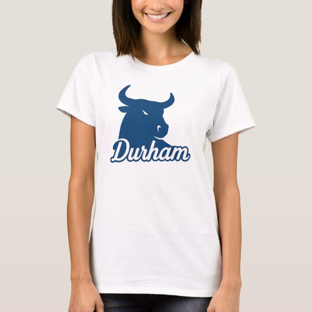 Durham Bull Head Logo - Bold Blue Script City T-Shirt (Vorderseite)