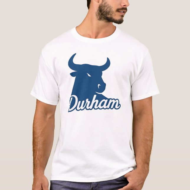 Durham Bull Head Logo - Bold Blue Script City T-Shirt (Vorderseite)