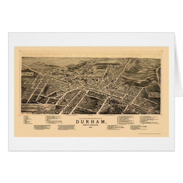 Durham, panoramische Karte NC - 1891 (Vorderseite (Horizontal))