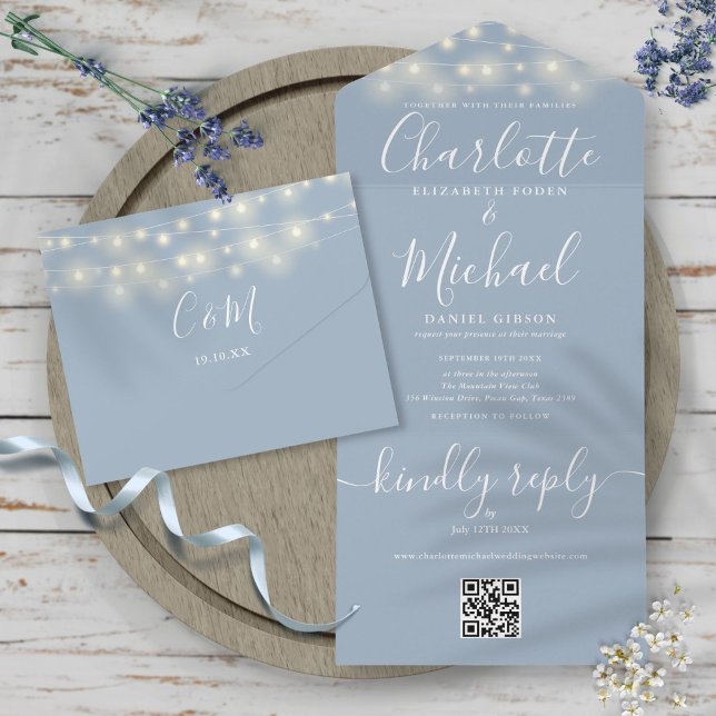 Dury Blue String Lights QR Code Monogram Wedding All In One Einladung (Von Creator hochgeladen)
