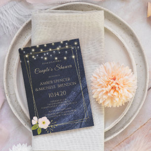 Dusche aus blauem Blumen-Gold-Rahmen Einladung