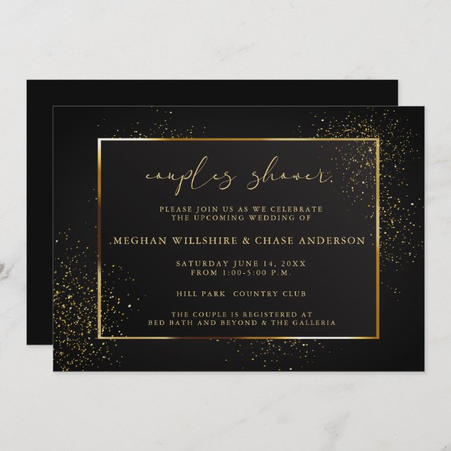 DUSCHE | Eleganter Schwarz-Gold-Glitzer Einladung (Vorne/Hinten)