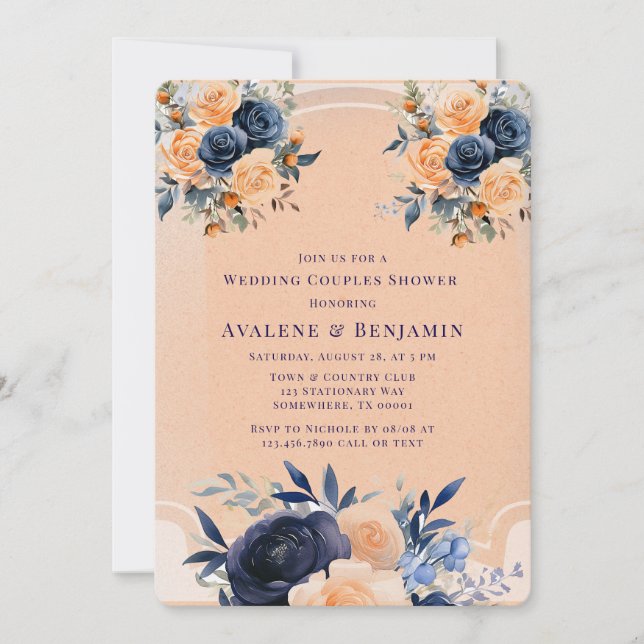 Dusche für Hochzeitspaare mit Navy Peach Painted F Einladung (Vorderseite)