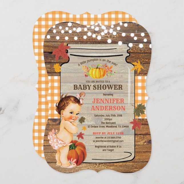 Dusche für Kürbiskinder, rustikales Holz Einladung (Vorne/Hinten)