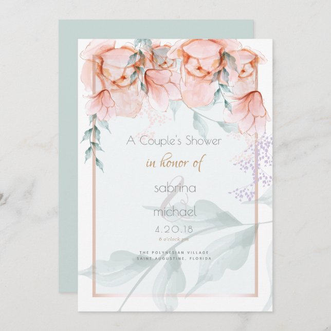 Dusche für Paar | Trendy Coral Aquarelle Peonies Einladung (Vorne/Hinten)