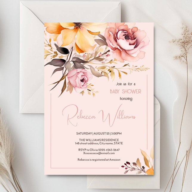 Dusche in Rosa, Dusche in Aquarell Einladung (Blush pink and peach peonies watercolor girl baby shower invitation )