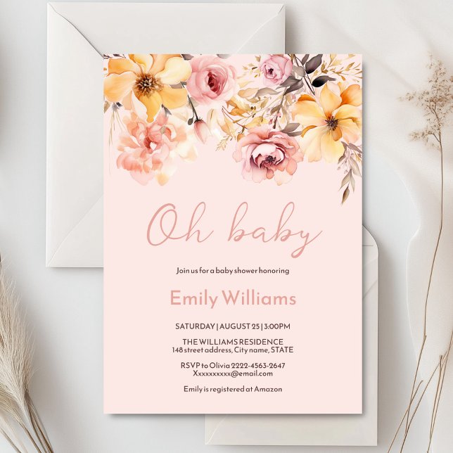 Dusche in Rosa, Dusche in Aquarell Einladung (Blush pink and peach peonies watercolor girl baby shower invitation )