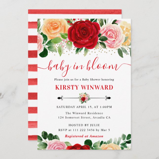 Dusche in Rot und Gelb Rosen Einladung (Vorne/Hinten)