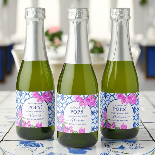 Dusche mit blauen Fliesen und Bougainvilleas (Baby shower favors blue tiles bougainvilleas personalized  sparkling wine label pop it when she pops)