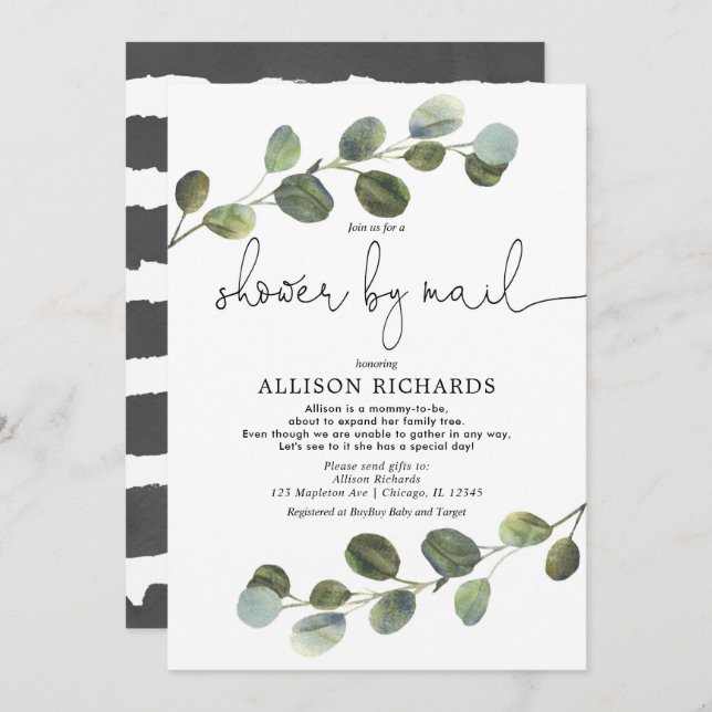 Dusche mit der Post Moderne Eukalyptus Babydusche Einladung (Vorne/Hinten)